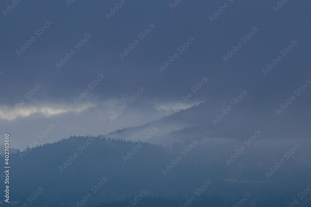 forest-covered mountain range covered under a heavy cloud in the morning 