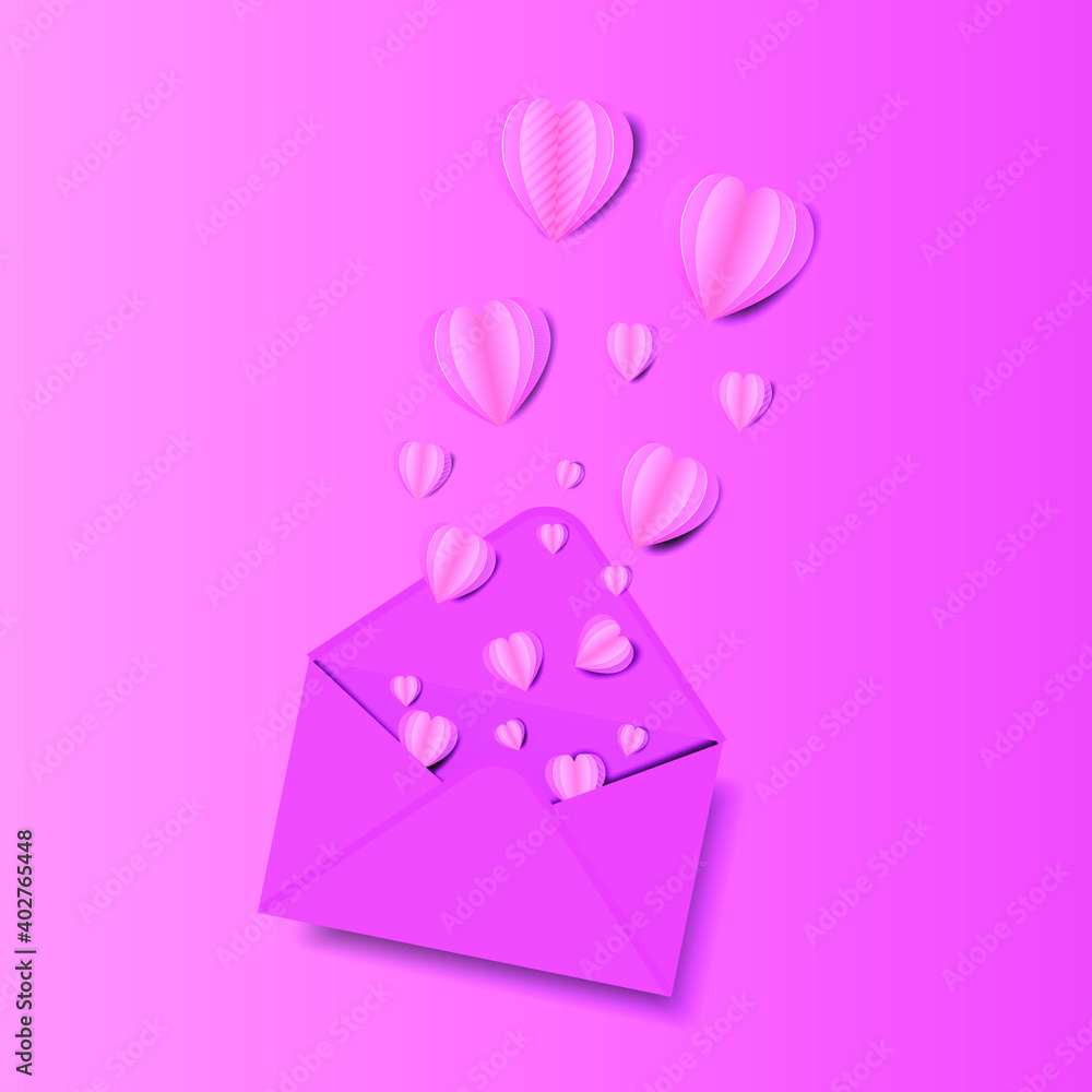 Valentine greeting card. Love letter with flying hearts on pink background