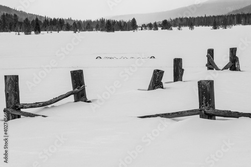 Old homestead in Kawuneeche Valley in Rocky Mountain National Park during the winter