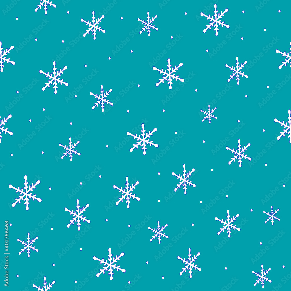 Seamless pattern with snow and hand drawn snowflakes and dots on blue background,christmas and new year illustration for wrapping paper,packaging design and printing on fabric , world snow day Seamless pattern with snow and hand drawn snowflakes and dots on blue background,christmas and new year illustration for wrapping paper,packaging design and printing on fabric , world snow day