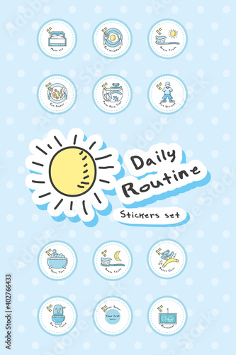 Child's daily routine set of hand drawn stickers 