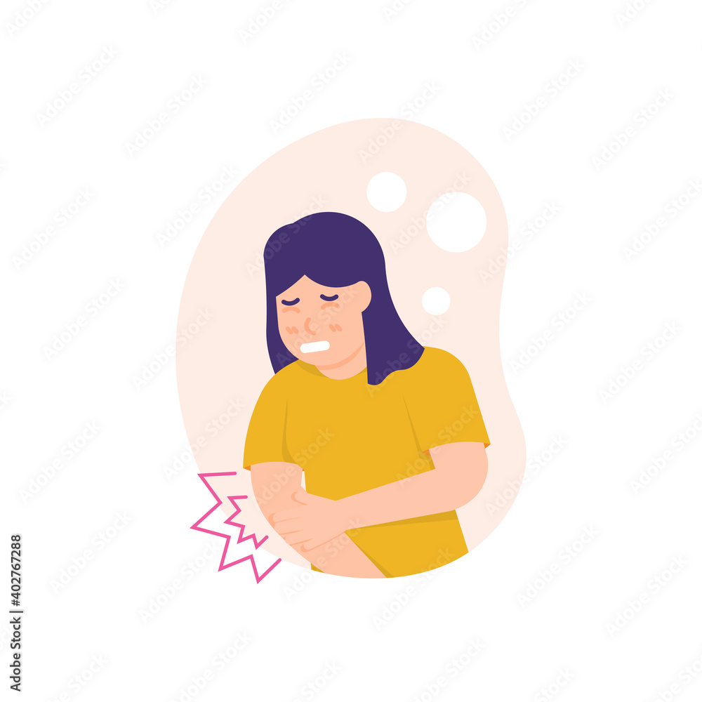 illustration of a woman grimacing in pain and holding her hand in pain. experiencing pain in the right hand due to injury. flat style. design elements illustration of a woman grimacing in pain and holding her hand in pain. experiencing pain in the right hand due to injury. flat style. design elements