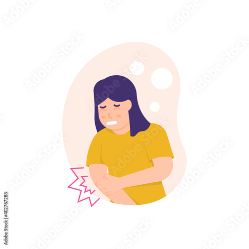 illustration of a woman grimacing in pain and holding her hand in pain. experiencing pain in the right hand due to injury. flat style. design elements