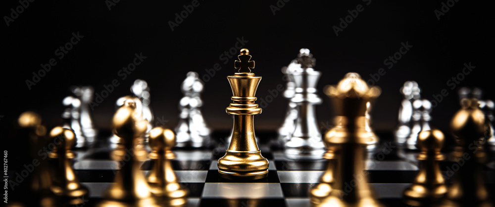 Close up king chess standing in the middle on chess board with silver chess concepts of business team and leadership strategy and organization management. Close up king chess standing in the middle on chess board with silver chess concepts of business team and leadership strategy and organization management.