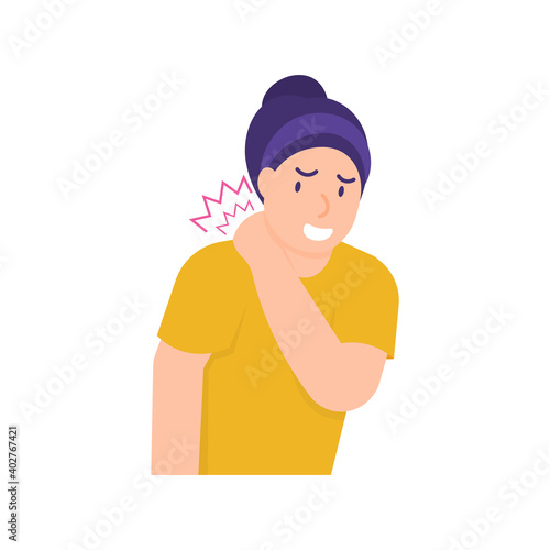 illustration of a woman holding her neck because the neck feels stiff and sore. experiencing neck pain, muscle pain, osteoarthritis, pinched nerves, rheumatism, and fibromyalgia. flat style design