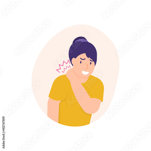 illustration of a woman holding her neck because the neck feels stiff and sore. experiencing neck pain, muscle pain, osteoarthritis, pinched nerves, rheumatism, and fibromyalgia. flat style design