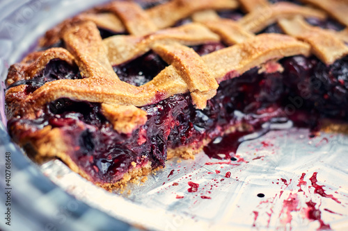 Blueberry Pie with Lattice Crust Cut and Viewed from the Side