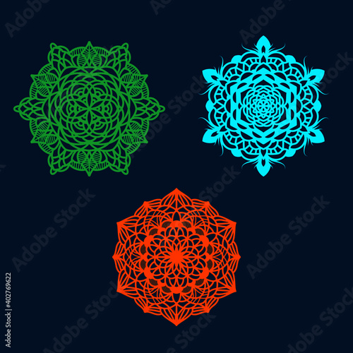 Set of three round mandalas for greeting card, invitation, Henna drawing and tattoo template. Vector illustration