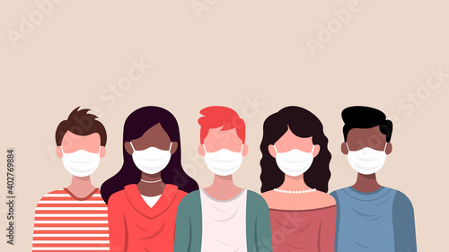 Group of men and women of diverse culture wearing medical mask. Diversity multi-ethnic and multiracial people. Concept of racial equality and anti-racism. Multicultural society.