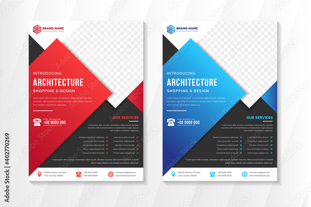Set of abstract flyer template design with headline architecture use red and blue gradient colors on element. vertical layout with black background. diagonal space for photo collage. 