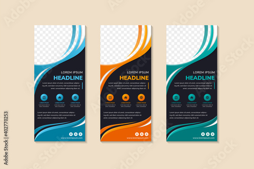 Set of abstract banner template design with headline use blue, green and orange colors on element. vertical layout with black background. quarter circle space for photo collage. wavy style