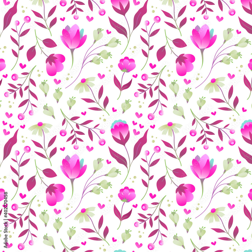 abstract cute simple pattern light pink rough flower and leaf nursery fabric on white.