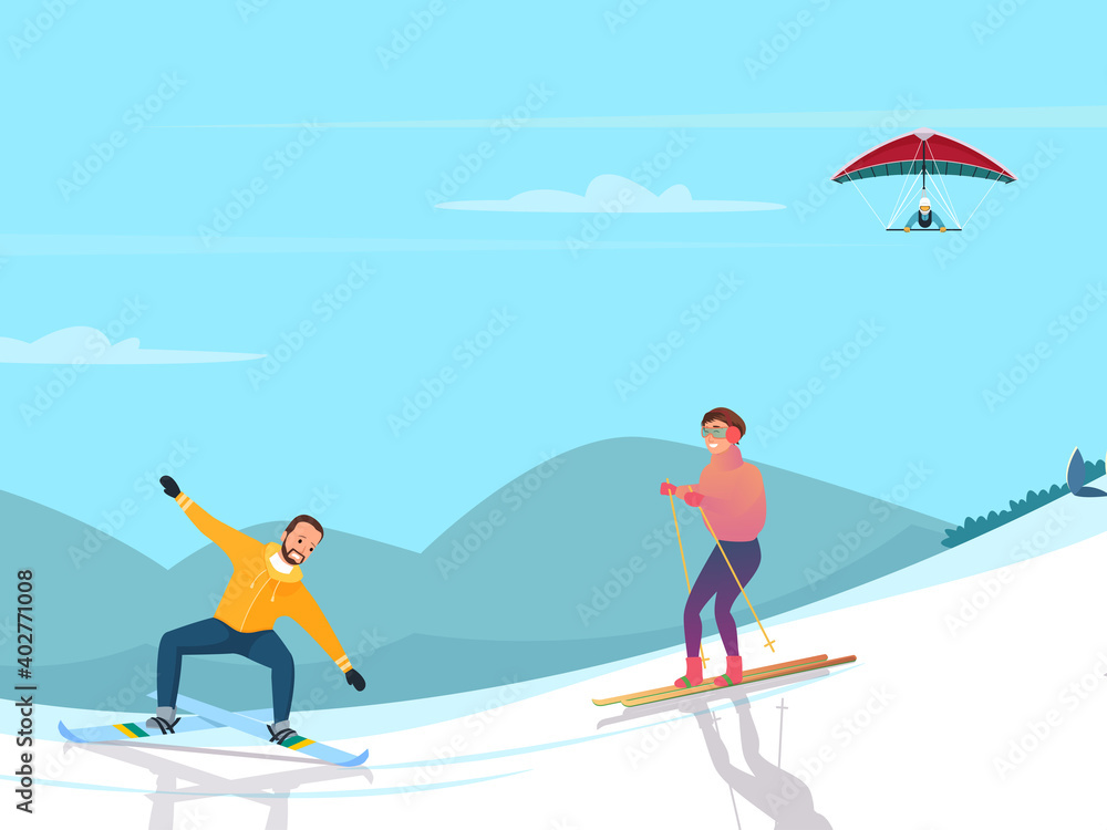 vector illustration of couple skier mountains snow. ski mask rest in mountains flat art