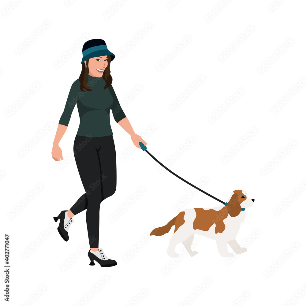 Woman walking with her dog flat vector illustration isolated on white background