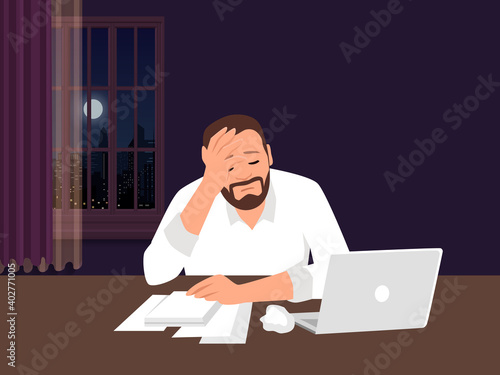 Professional burnout syndrome. Exhausted sick tired male manager in office working overtime. Frustrated worker mental health problems