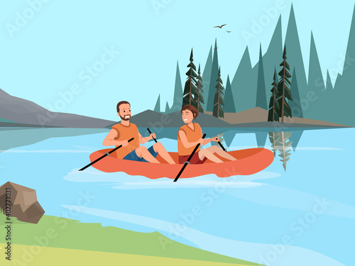 Vector illustration of couple in a canoe rowing oars along the river flat art
