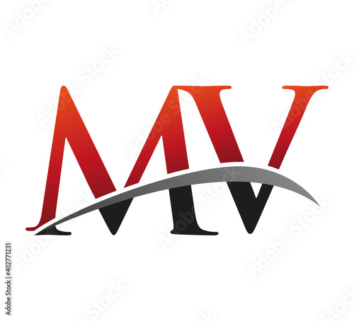 initial letter MV logotype company name colored red and black swoosh design. isolated on black background.