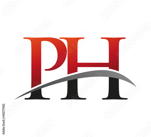 initial letter PH logotype company name colored red and black swoosh design. isolated on black background.