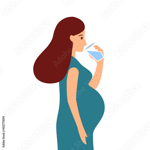 Pregnant woman drinking a glass of water in flat design. Healthy pregnancy daily life.