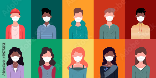 Set of man and woman wearing medical mask in flat illustration style.