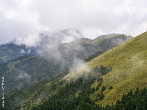 Fog and clouds are covering the forests and Mountains, Mount Hehuan, Taiwan