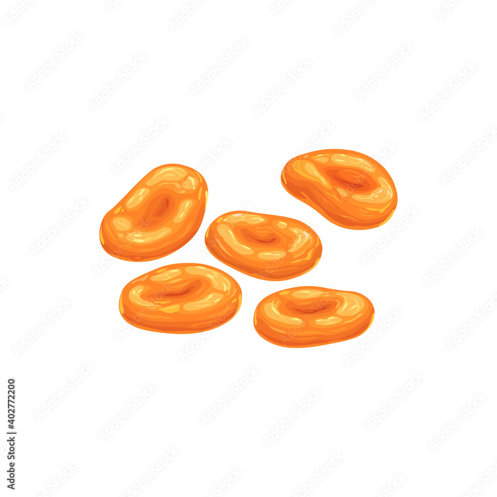 Apricot dried fruits, dry food snacks and fruit sweets, vector isolated icon. Dried apricots, fruity sweet dessert, vegetarian natural organic food and culinary ingredient Apricot dried fruits, dry food snacks and fruit sweets, vector isolated icon. Dried apricots, fruity sweet dessert, vegetarian natural organic food and culinary ingredient