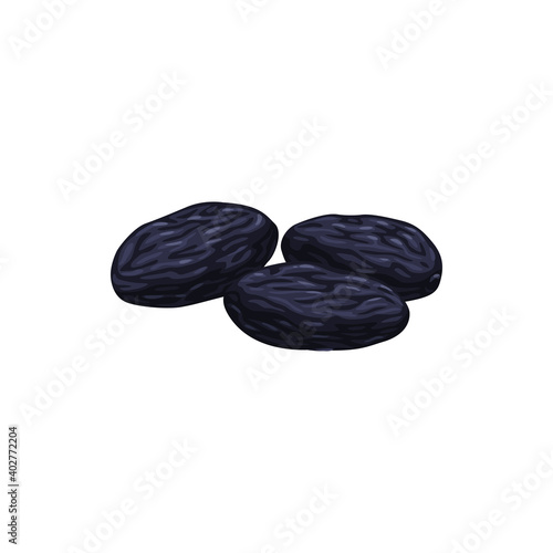 Prunes or dried plum fruits, dry food snacks and fruit sweets, isolated vector icon. Dried plum prunes, sweet dessert, culinary and fruit drinks ingredient, natural organic dehydrated food