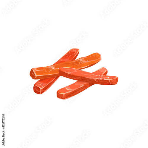 Papaya dried fruits, candied fruit sweets and dry food, vector isolated icon. Candied dried papaya succade strips, sweet dessert, confection and pastry ingredient