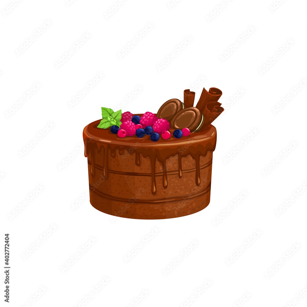 Chocolate cake or cream pie, dessert sweets food, vector isolated icon. Chocolate cocoa cake with molten caramel fondant, bakery pastry dessert sweets tiramisu or brownie with fruits and cookies Chocolate cake or cream pie, dessert sweets food, vector isolated icon. Chocolate cocoa cake with molten caramel fondant, bakery pastry dessert sweets tiramisu or brownie with fruits and cookies