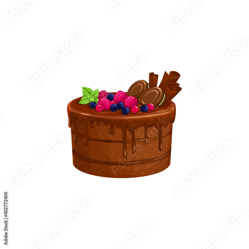 Chocolate cake or cream pie, dessert sweets food, vector isolated icon. Chocolate cocoa cake with molten caramel fondant, bakery pastry dessert sweets tiramisu or brownie with fruits and cookies