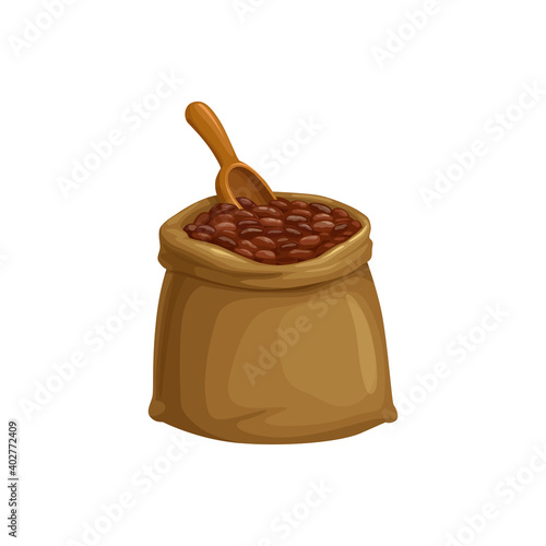 Cocoa beans sack or coffee beans bag, vector isolated icon of seeds and scoop spoon. Cacao beans in sack bag, chocolate dessert sweets, coca drinks and gourmet pastry food ingredient