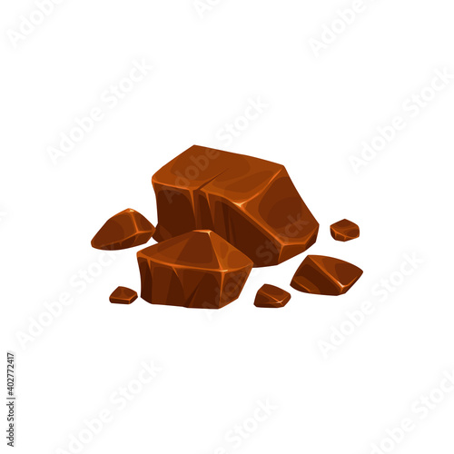 Chocolate pieces, lumps and broken blocks, candy vector isolated icon. Bitter dark or milk chocolate broken blocks and lump pieces, cocoa or cacao food sweet bites and confection desserts