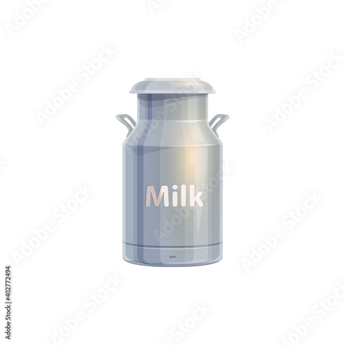 Milk can, dairy farm agriculture food and cow product, vector icon. Milk can container or metal jar tank and aluminum bucket jug, dairy farm market and milk store isolated sign