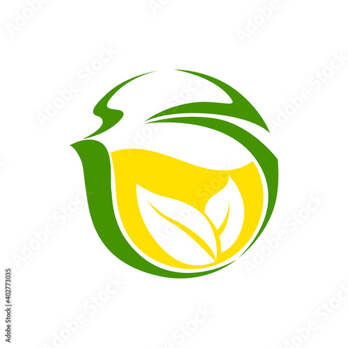 Tea with lemon isolated creative logo. Vector herbal hot drink with citrus fruit and garden herbs