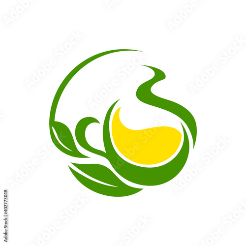 Tea with lemon isolated creative logo. Vector herbal hot drink with citrus fruit and garden herbs