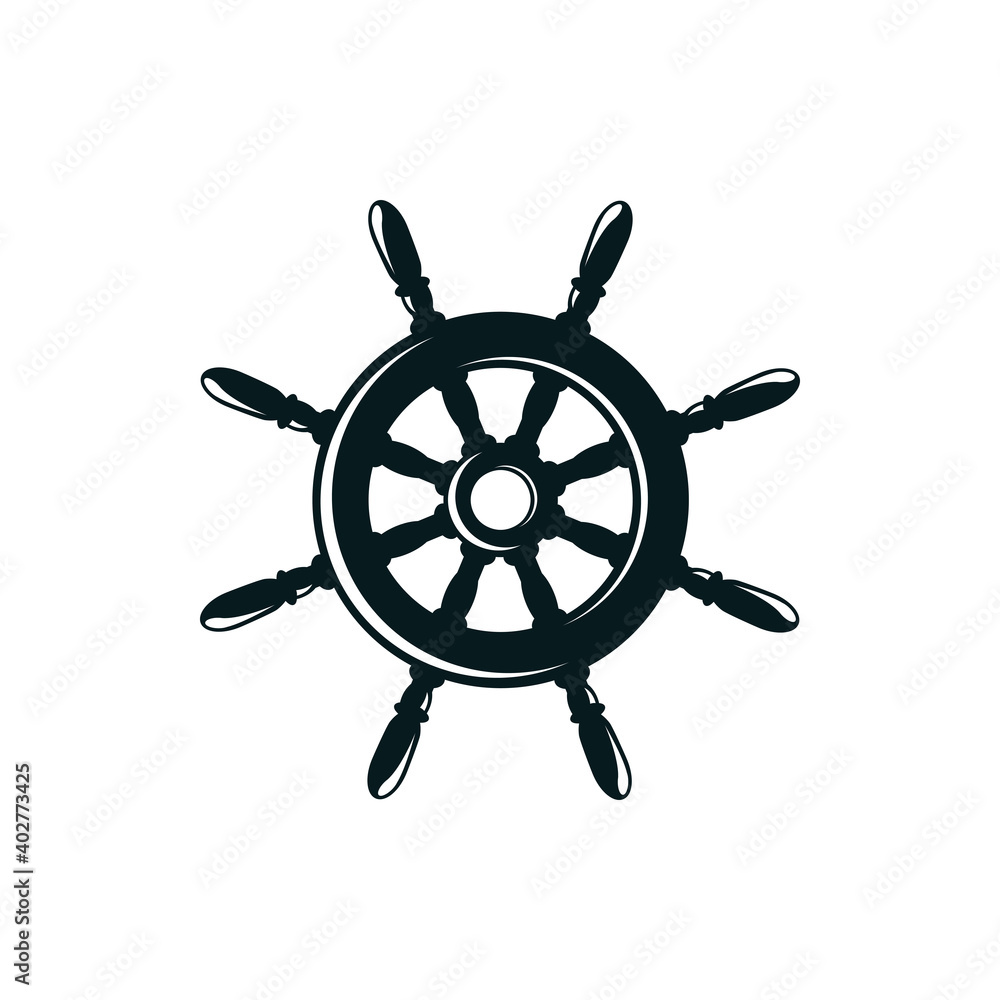 Obraz premium Ship rudder silhouette vector illustration. Sailing, maritime transport hand drawn monocolor symbol. Antique rudder, steering wheel monochrome drawing. Old fashioned marine travel, captain helm
