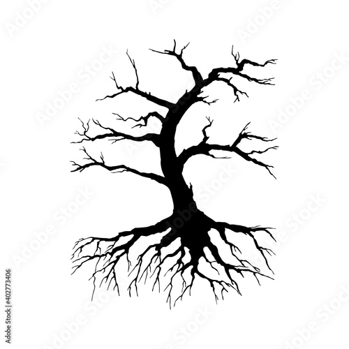 Creepy dead tree silhouette vector illustration. Autumn, winter season, nature death hand drawn monocolor symbol. Scary tree with bare crown monochrome drawing. Lonely wood, dry branches, root system