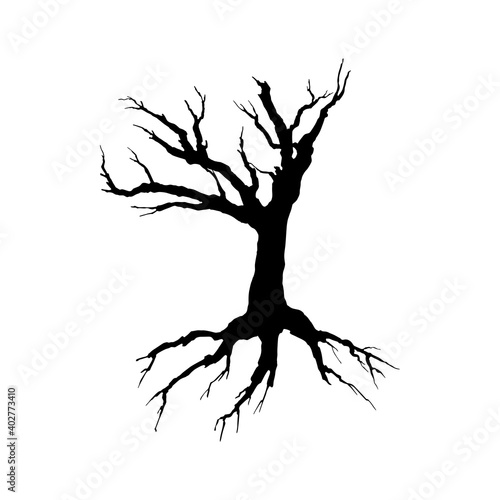 Creepy dead tree silhouette vector illustration. Autumn, winter season, nature death hand drawn monocolor symbol. Scary tree with bare crown monochrome drawing. Lonely wood, dry branches, root system