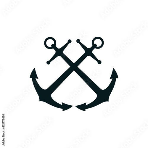 Crossed anchors silhouette vector illustration. Navy, sailing, regatta hand drawn monocolor symbol. Heavy nautical equipment, anchor monochrome badge. Sailor tattoo, yacht club logotype design element