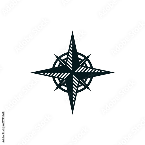 Navigation compass silhouette vector illustration. Cartography, geography, sailing hand drawn monocolor symbol. Wind rose, compass monochrome badge. World exploration, sea orientation, adventure