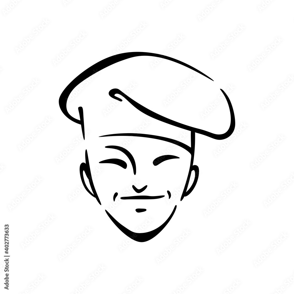 Korean chef cook contour vector illustration. Traditional asian cuisine logo design idea. Young chef in hat outline character on white background. Restaurant worker. Cafe logo design idea Korean chef cook contour vector illustration. Traditional asian cuisine logo design idea. Young chef in hat outline character on white background. Restaurant worker. Cafe logo design idea