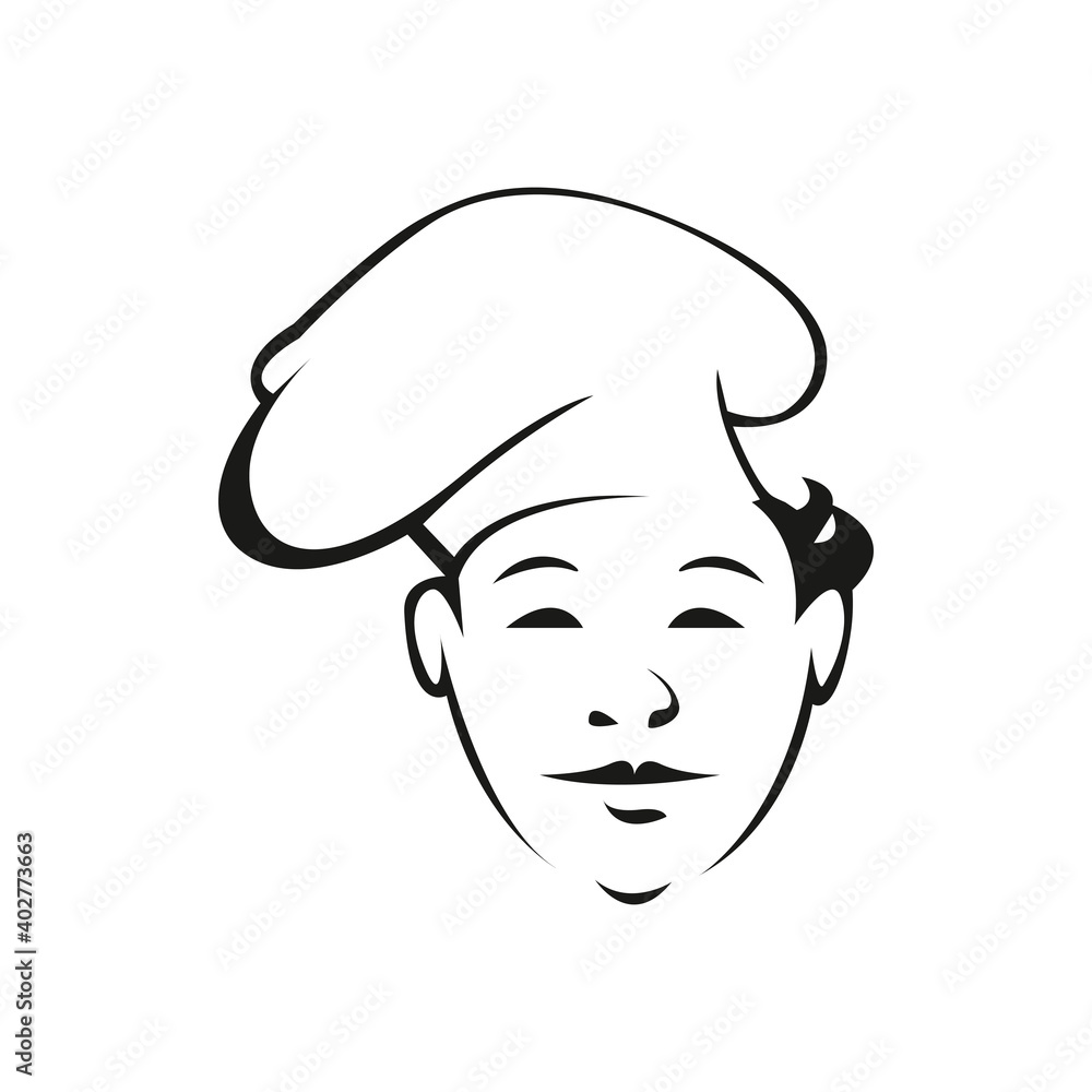 Young restaurant worker outline vector illustration. Professional european chef in hat contour drawing isolated on white background. Traditional cuisine bistro logo design element. Cook, baker Young restaurant worker outline vector illustration. Professional european chef in hat contour drawing isolated on white background. Traditional cuisine bistro logo design element. Cook, baker