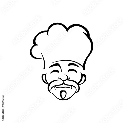 Senior korean chef outline vector illustration. Professional asian cook character isolated on white background. Vietnam, mongolian, chinese chef design element. Traditional cuisine restaurant logo