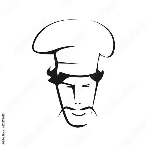 Spanish chef contour vector illustration. Hispanic with thin mustache character and chef hat outline drawing. Traditional cuisine isolated emblem on white background. Restaurant, cafe, bistro logo