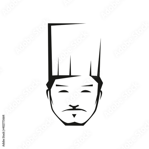 Professional chef with narrow eyes outline vector illustration. Asian cook with hat isolated element. Traditional, cuisine, gastronomy. Chef, confectioner character. Restaurant logotype, logo idea