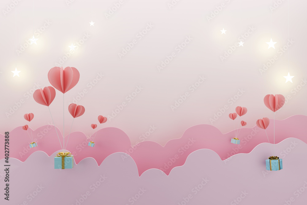 Balloon heart with gift box for love valentines concept, Copy space for text advertisement, 3d illustration