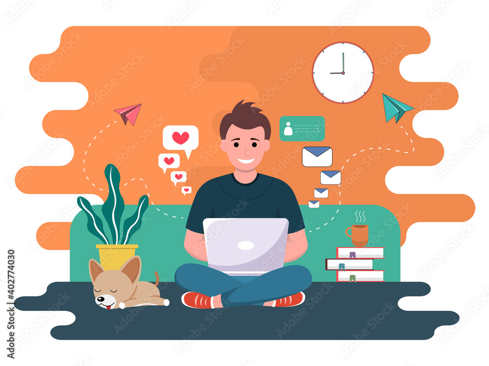Young man freelancer works remotely from her house. The concept of work during the quarantine and isolation of coronavirus Young man freelancer works remotely from her house. The concept of work during the quarantine and isolation of coronavirus