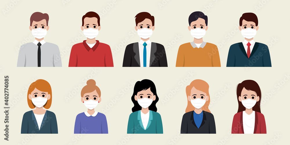 Icon set of business man and business woman wearing medical mask. Vector illustration.
Icon set of business man and business woman wearing medical mask. Vector illustration.