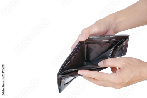 Man hand open an empty wallet isolated on white background with clipping path