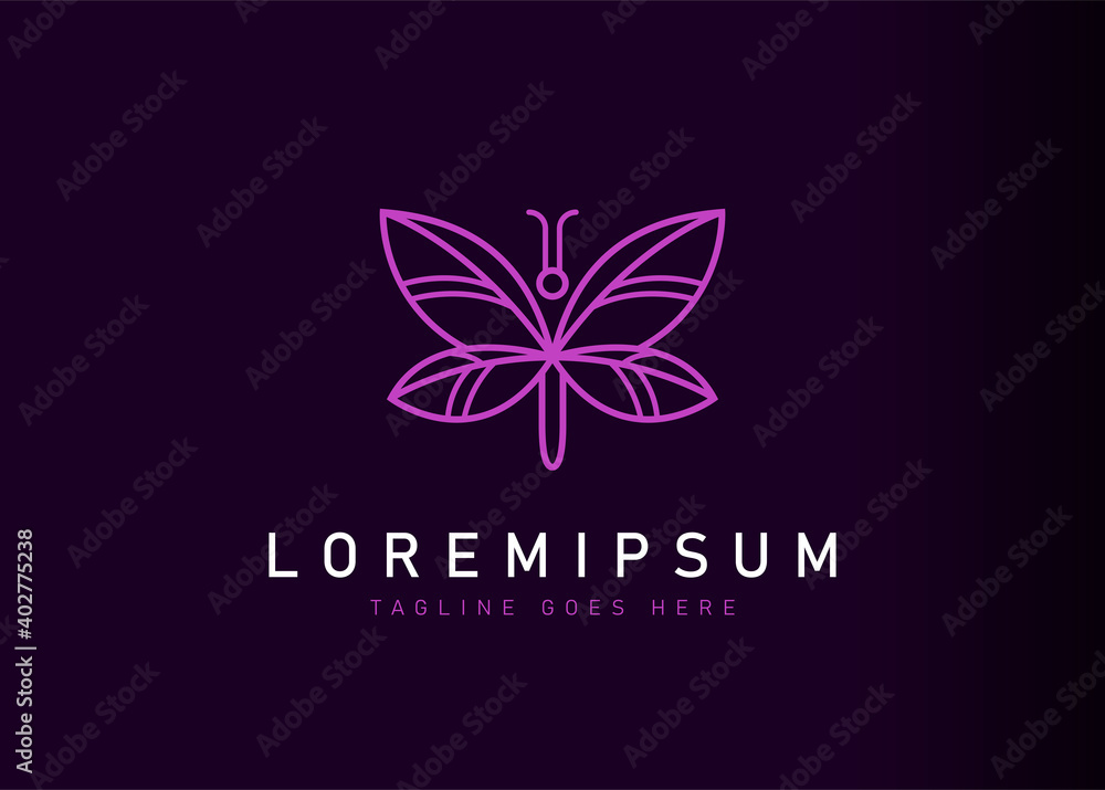 Leaf wing butterfly logo design. Vector illustration of purple butterfly with leaf wings. Vintage logo design vector line icon template